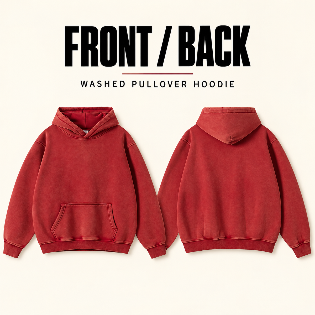 A9610 washed worn-edge fleece pullover hoodie, front and back garment construction