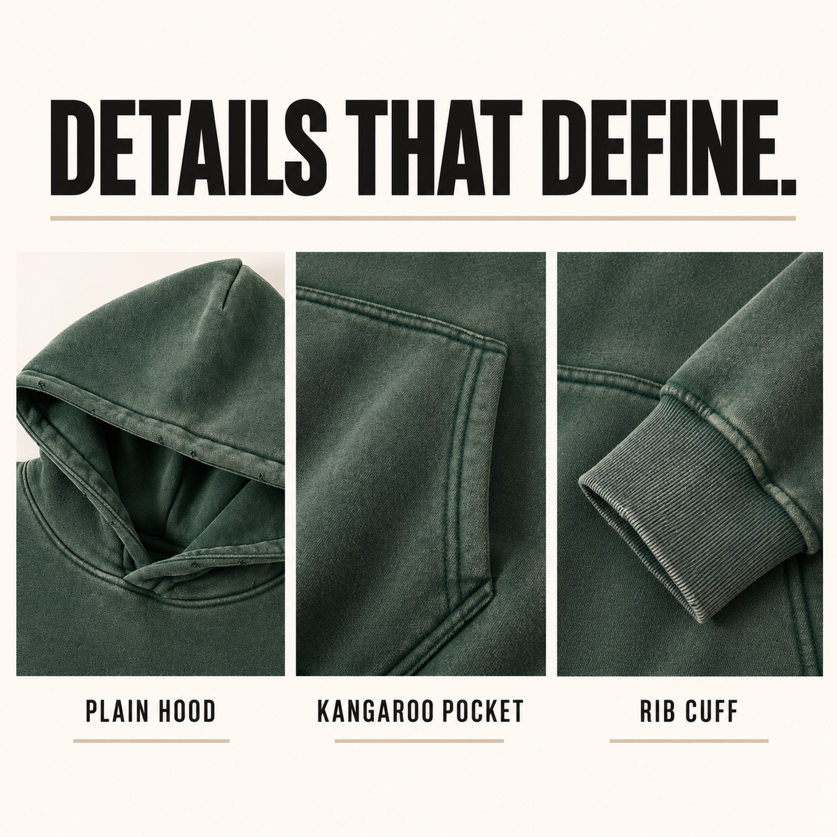 A9610 washed worn-edge fleece pullover hoodie, close-up construction details