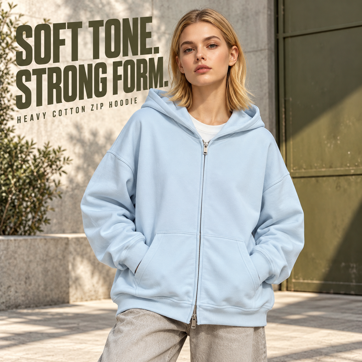 A96362 Baby Blue longline heavy cotton two-way zip hoodie, alternate styling view