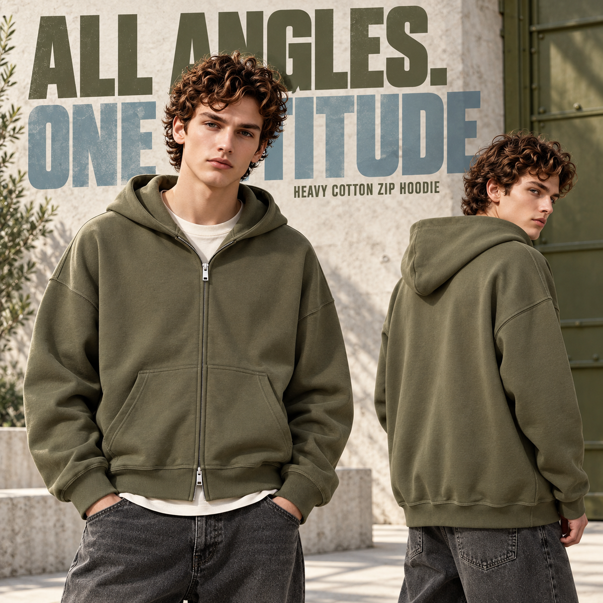 A96362 Army Green longline heavy cotton two-way zip hoodie, rear or three-quarter styling view