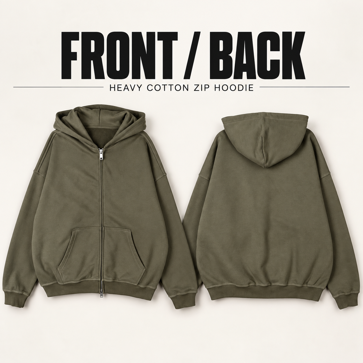 A96362 longline heavy cotton two-way zip hoodie, front and back garment construction