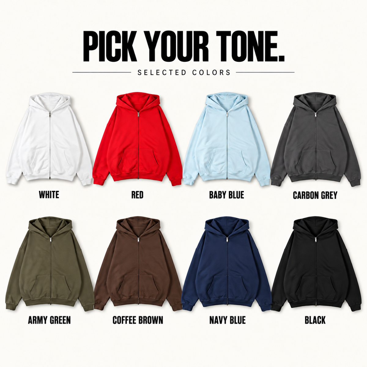 A96362 complete ready-stock color selection board showing White, Red, Baby Blue, Carbon Grey, Army Green, Coffee Brown, Navy Blue, Black