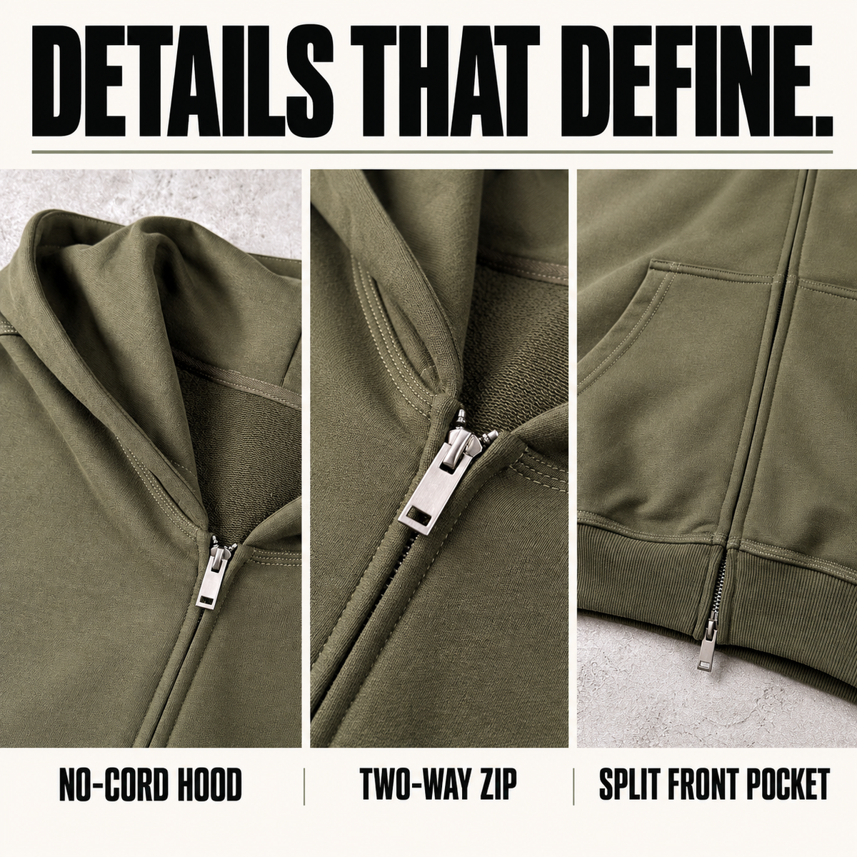 A96362 longline heavy cotton two-way zip hoodie, close-up construction details