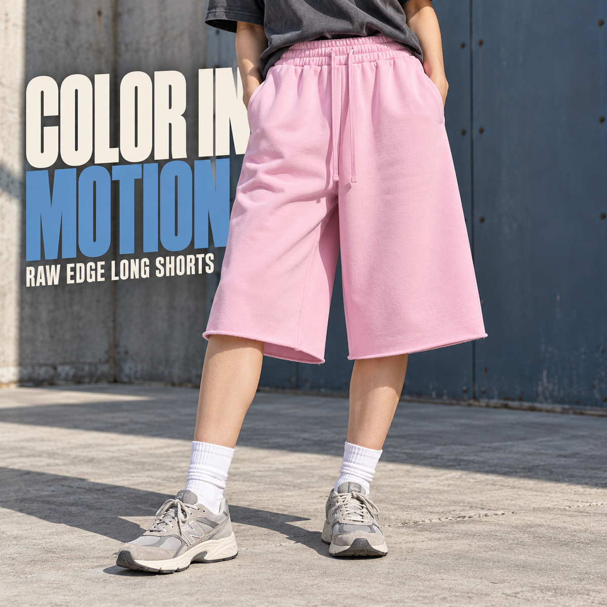 A97362 Peach Pink raw-hem washed cotton bermuda shorts, alternate styling view