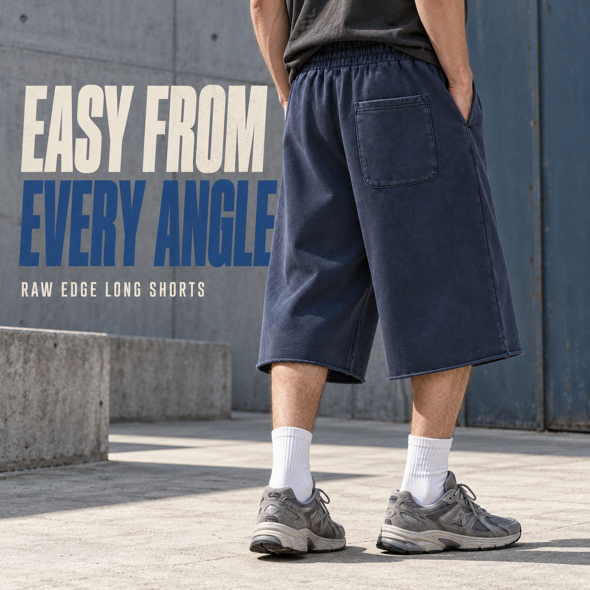 A97362 Royal Blue raw-hem washed cotton bermuda shorts, rear or three-quarter styling view