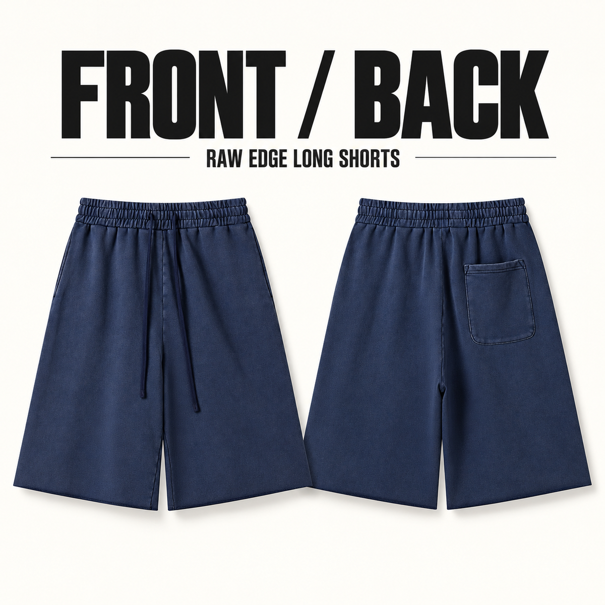 A97362 raw-hem washed cotton bermuda shorts, front and back garment construction