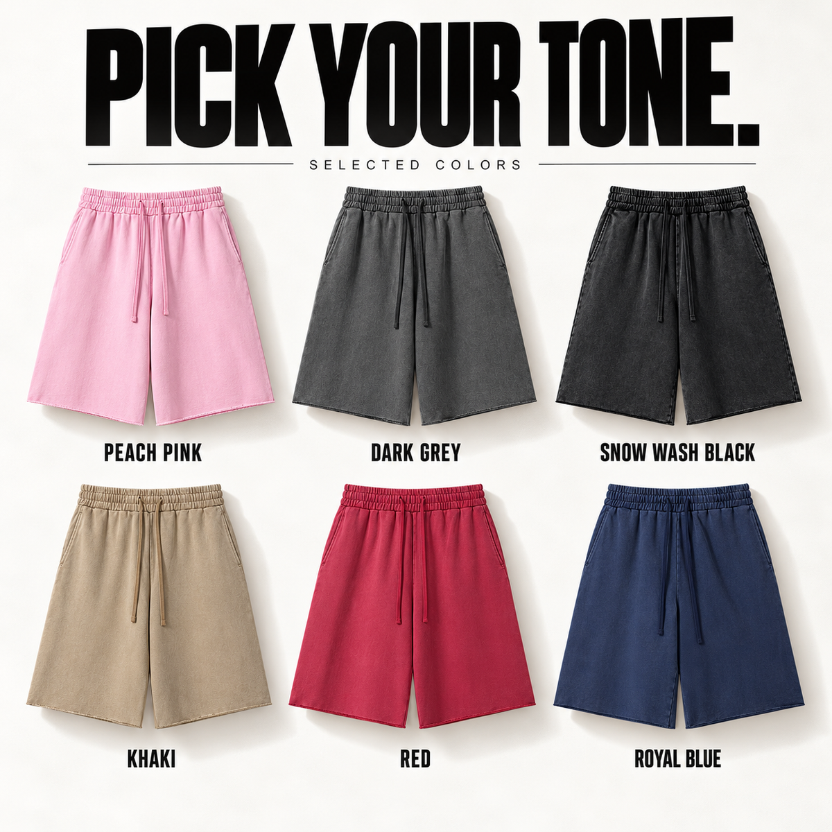 A97362 complete ready-stock color selection board showing Peach Pink, Dark Grey, Snow Wash Black, Khaki, Red, Royal Blue