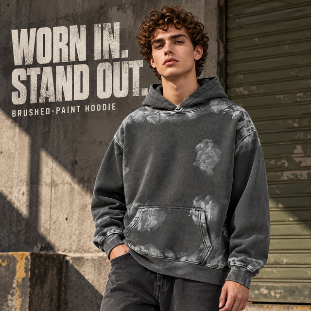 A97552 Dark Grey washed brush-painted fleece hoodie, front styling view