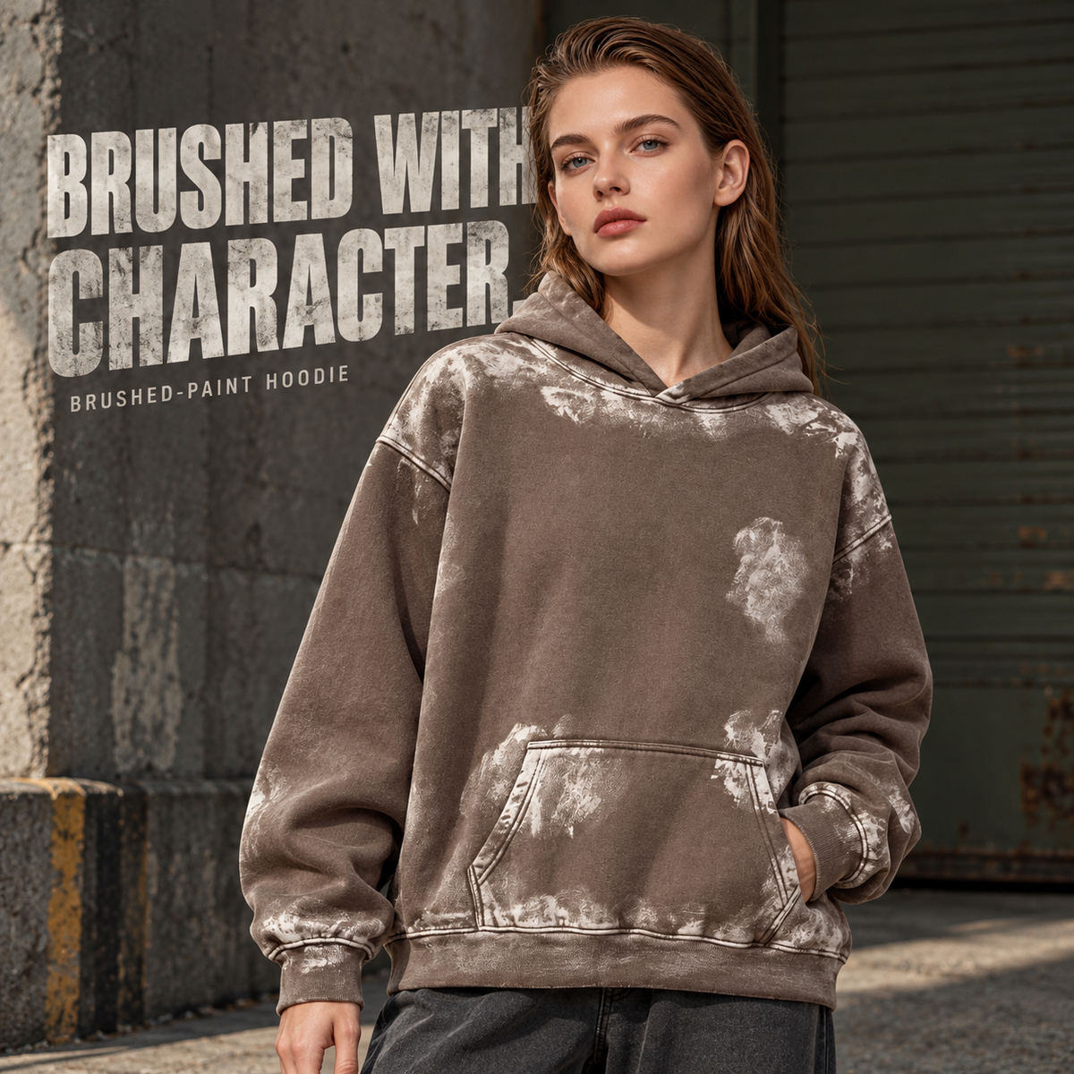 A97552 Brown washed brush-painted fleece hoodie, alternate styling view