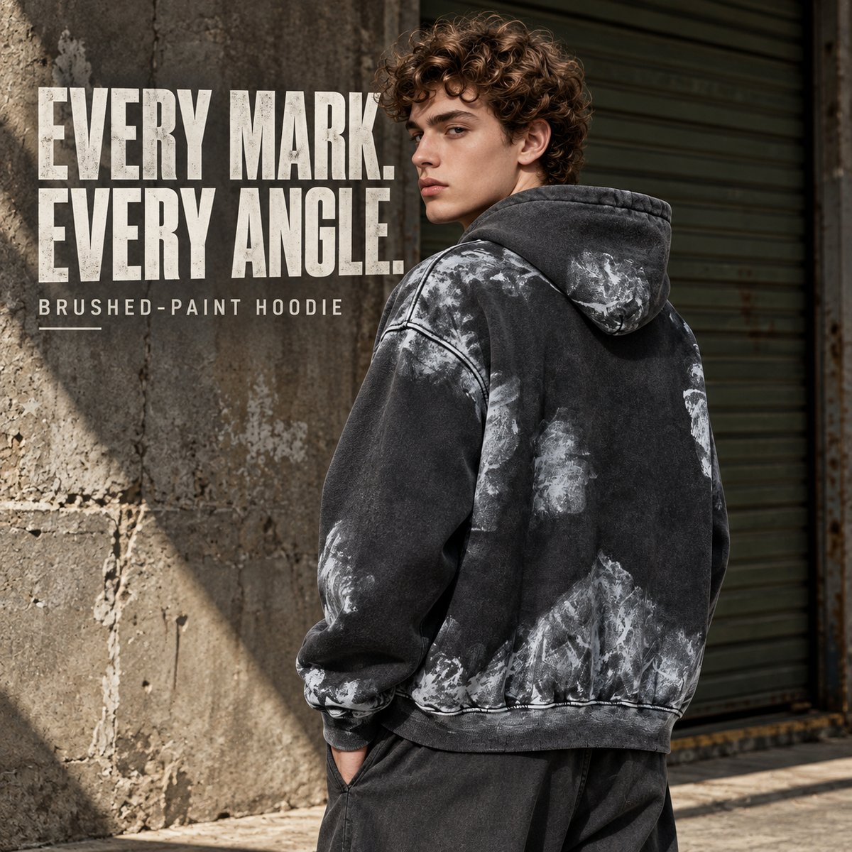 A97552 Vintage Black washed brush-painted fleece hoodie, rear or three-quarter styling view