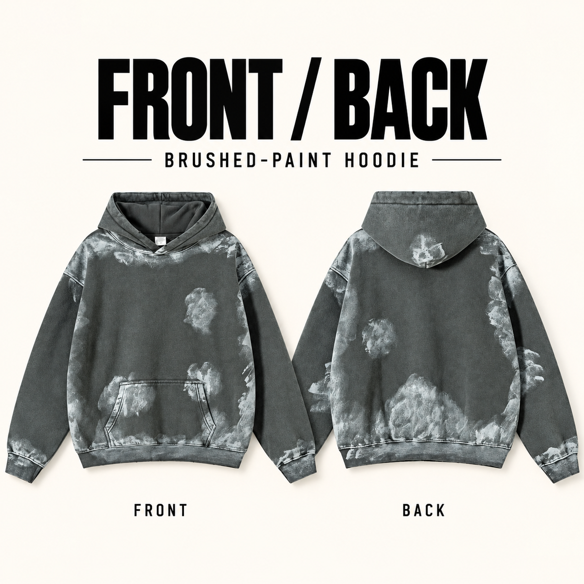 A97552 washed brush-painted fleece hoodie, front and back garment construction