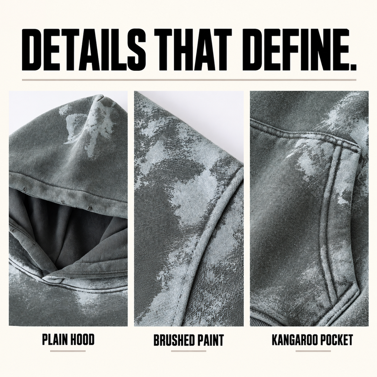 A97552 washed brush-painted fleece hoodie, close-up construction details