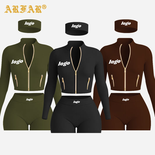Custom Activewear Manufacturers Designer Gold Zipper Yoga Jacket and High Waist Workout Shorts Set Gym Sets Women Fitness Wear