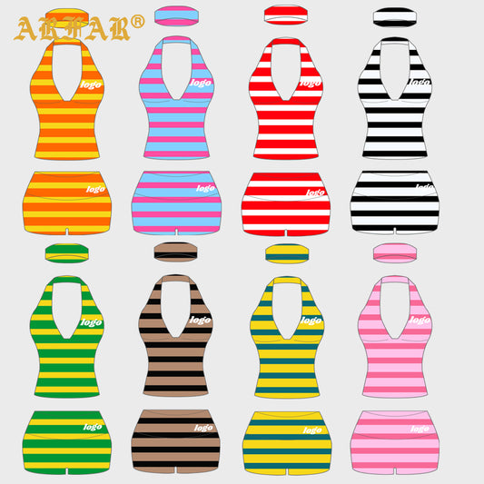 Custom 2 Piece Short Set Women Summer Clothing Striped Sleeveless T-shirt Fold Over Shorts Cotton Lounge Wear Manufacturer