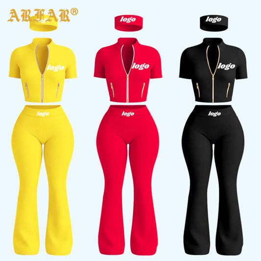 Y2k Women's Custom logo 3 Piece Tracksuit Set Gold Zipper Yoga Jacket Flare Pants with Headband Women Activewear Sets Supplier