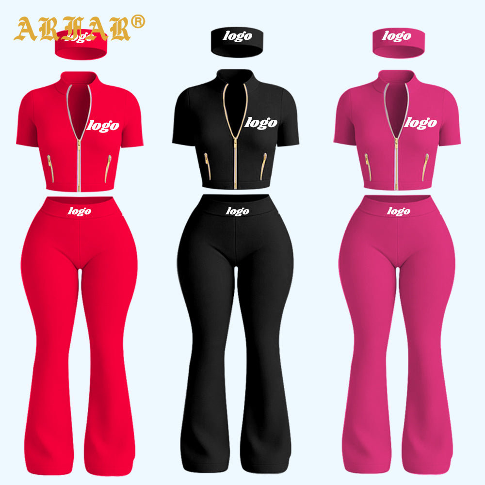 Y2k Women's Custom logo 3 Piece Tracksuit Set Gold Zipper Yoga Jacket Flare Pants with Headband Women Activewear Sets Supplier