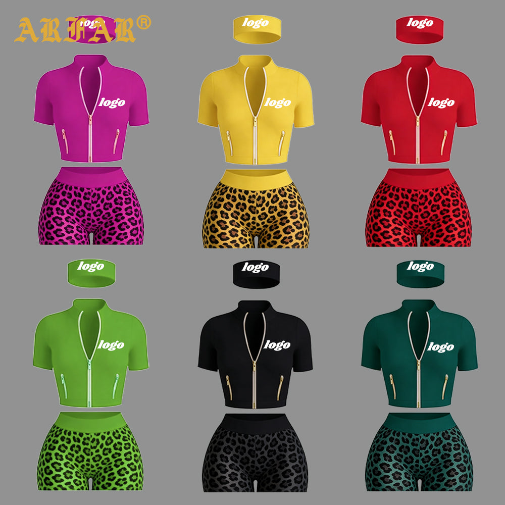 Women Streetwear Tracksuit Set Long Sleeve Jacket with Gold Zipper and Shorts Summer Cheetah Print Clothes for Women 2026 Outfit