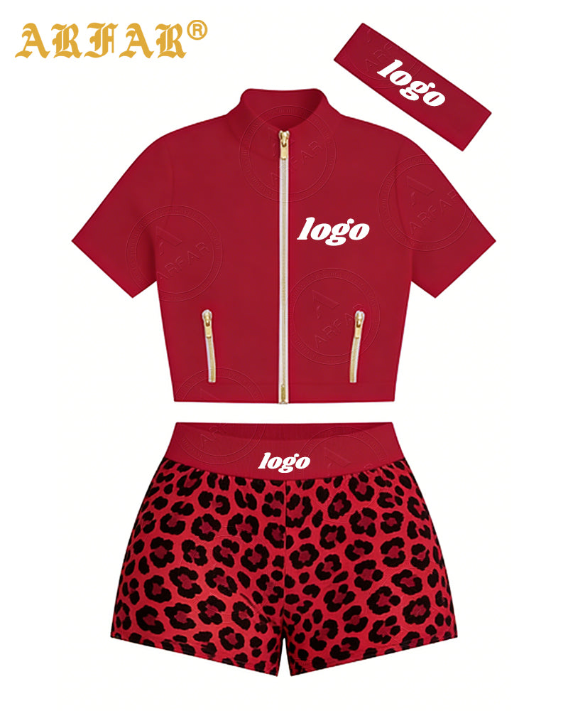 Women Streetwear Tracksuit Set Long Sleeve Jacket with Gold Zipper and Shorts Summer Cheetah Print Clothes for Women 2026 Outfit