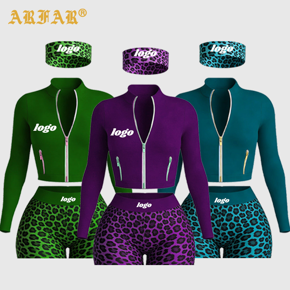 Women Streetwear Tracksuit Set Long Sleeve Jacket with Gold Zipper and Shorts Summer Cheetah Print Clothes for Women 2026 Outfit
