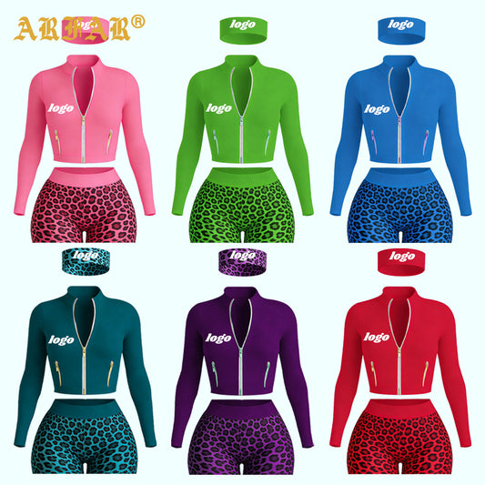 Women Streetwear Tracksuit Set Long Sleeve Jacket with Gold Zipper and Shorts Summer Cheetah Print Clothes for Women 2026 Outfit