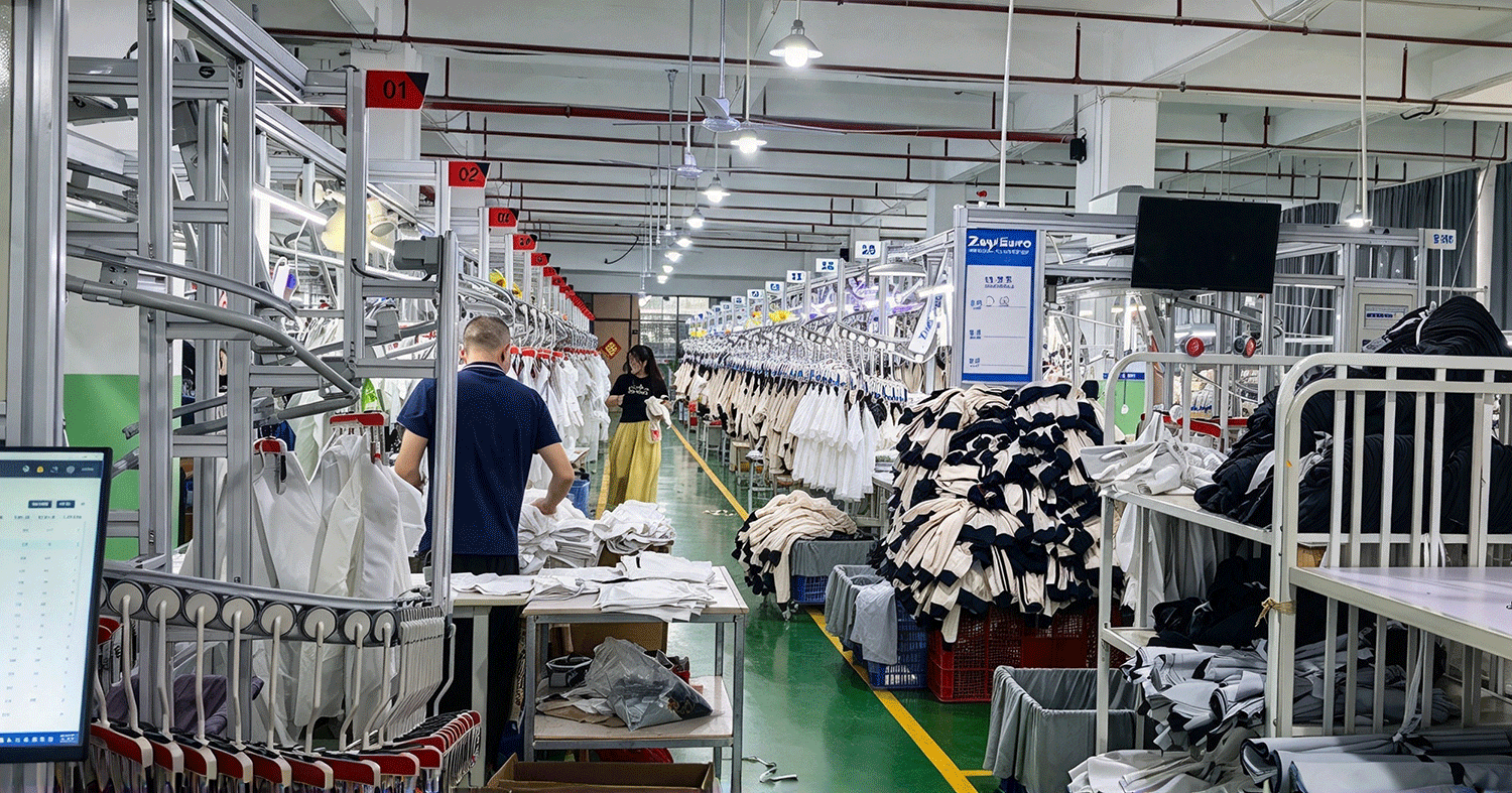 Garment hanger system and sewing workstations in existing AARFAR factory media