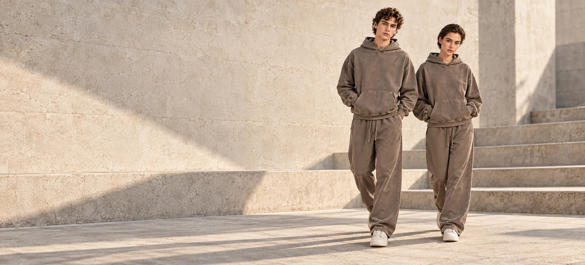 Editorial styling of taupe washed hoodies and coordinated trousers, based on AARFAR garment references
