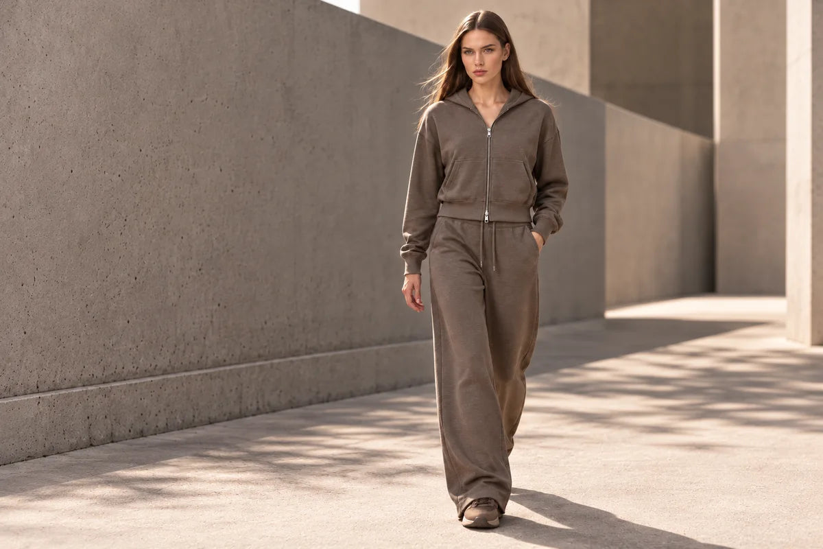 Taupe cropped zip hoodie and wide-leg trousers shown in an AARFAR womenswear editorial image