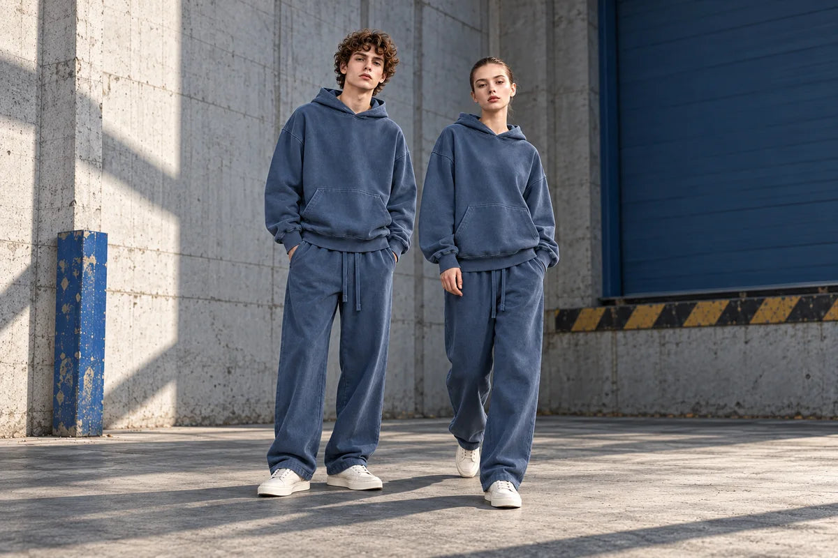 Blue washed hoodie and matching trouser silhouettes shown in an AARFAR editorial styling image